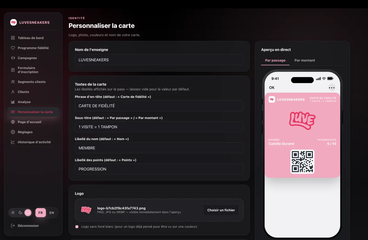 Personnalisation de la carte avec aperçu en direct